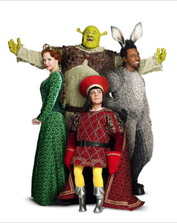 Amanda Holden as Princess Fiona, Nigel Lindsay as Shrek, Nigel Harman as Lord Farquaad & Richard Blackwood as Donkey in Shrek The Musical. Photo © by Jason Bell