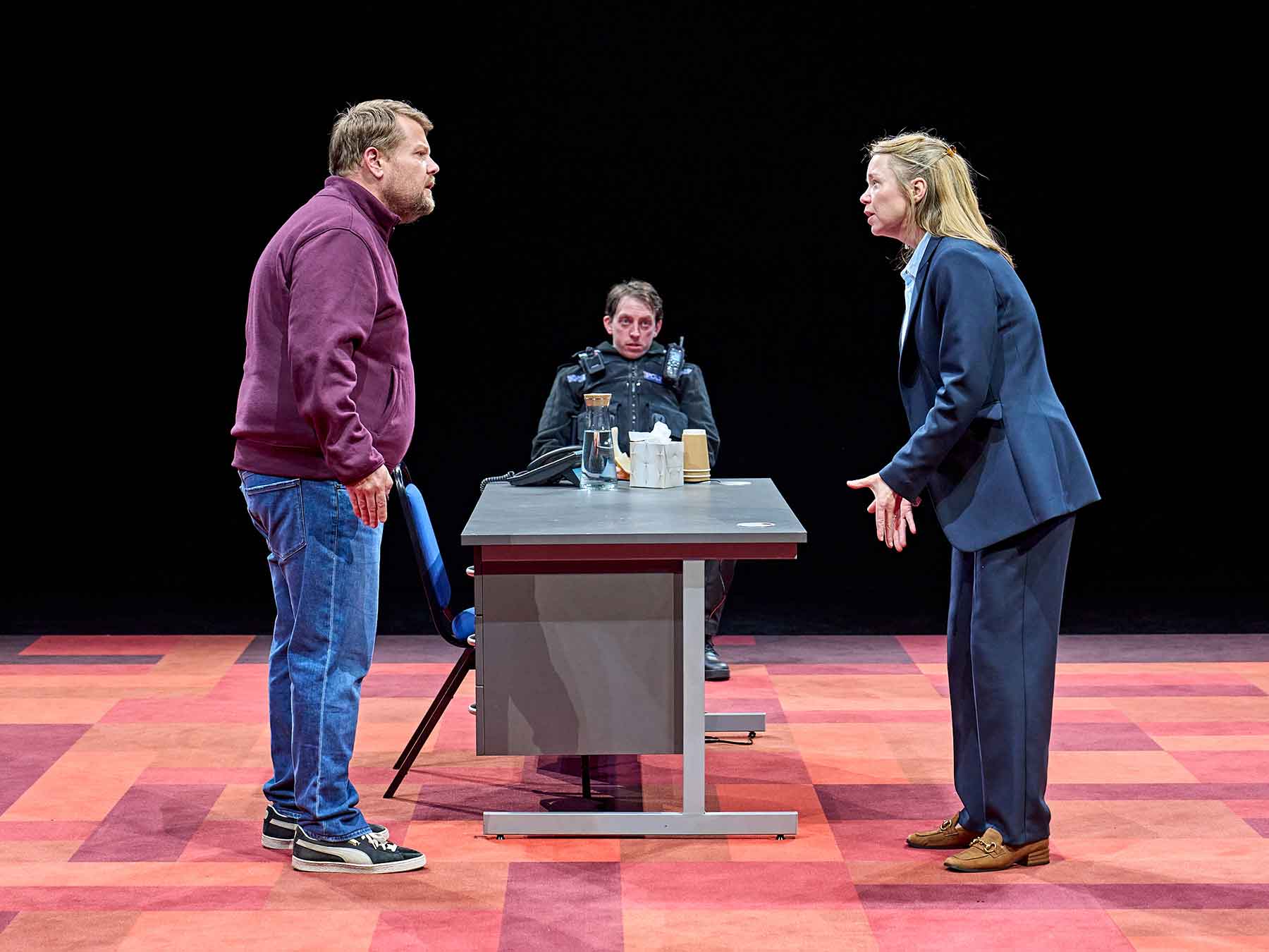James Corden, Zachary Hart and Anna Maxwell Martin in The Constituent at The Old Vic – credit Manuel Harlan