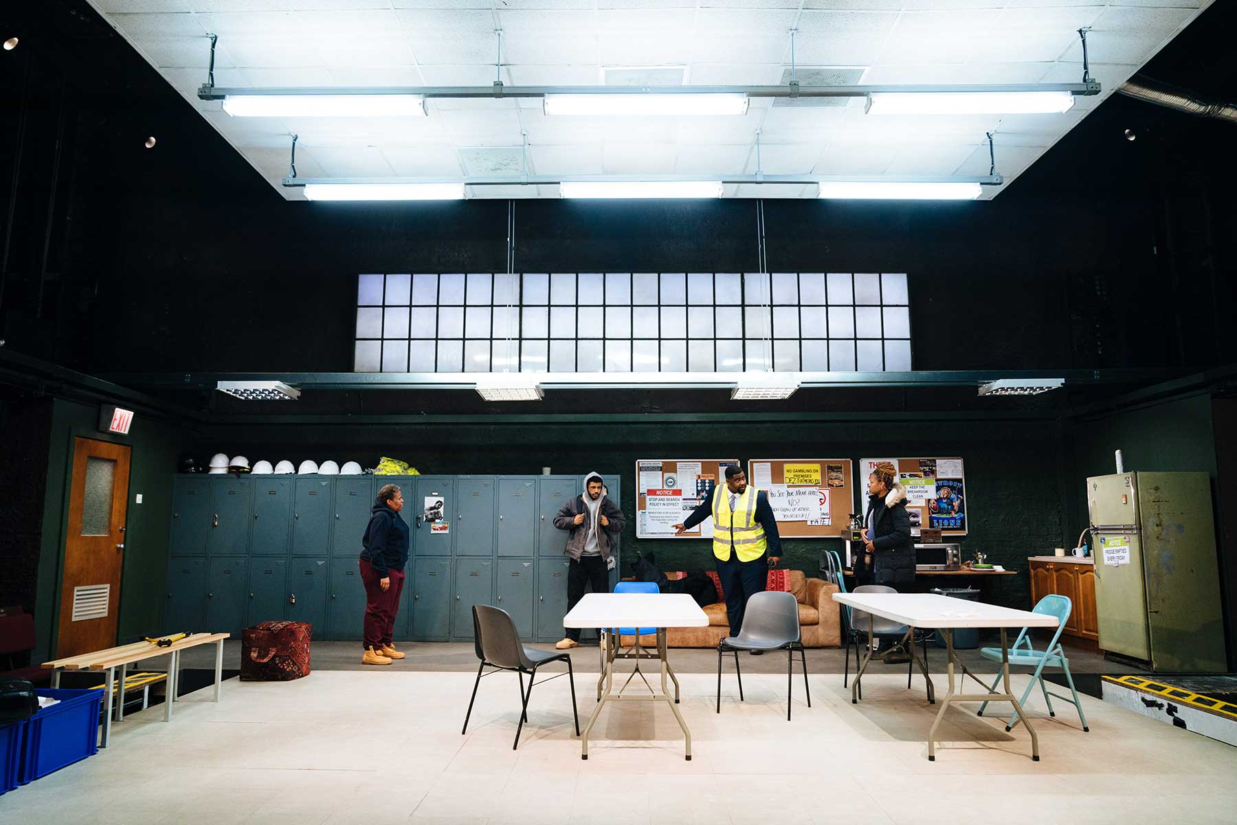 Pamela Nomvete, Branden Cook, Tobi Bamtefa and Racheal Ofori in SKELETON CREW - Donmar Warehouse - photo by Helen Murray