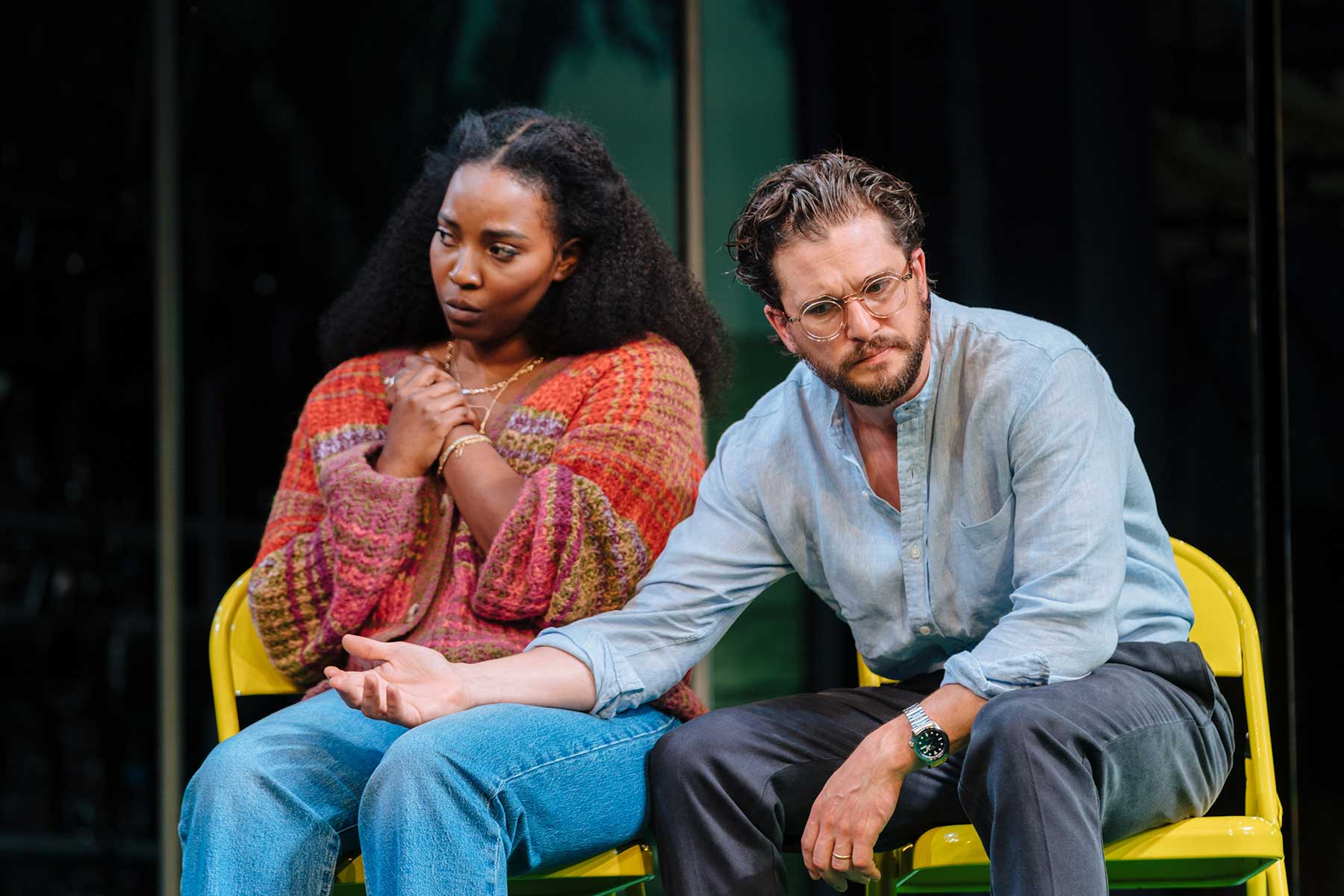 Olivia Washington (Kaneisha) and Kit Harington (Jim) in Slave Play at Noël Coward Theatre. Photo Helen Murray