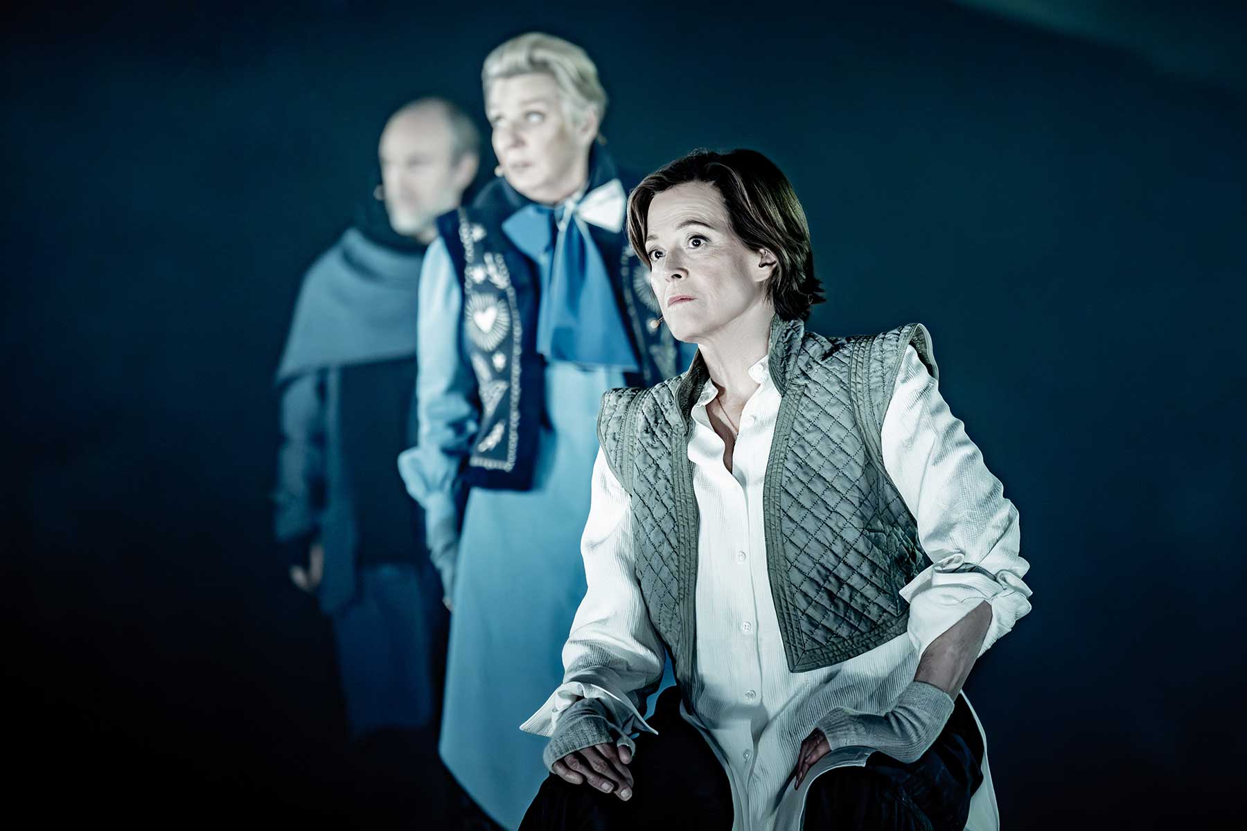 The Tempest. Sigourney Weaver (Prospero), Selina Cadell (Gonzalo) & Tim Steed (Antonio). Credit - Marc Brenner