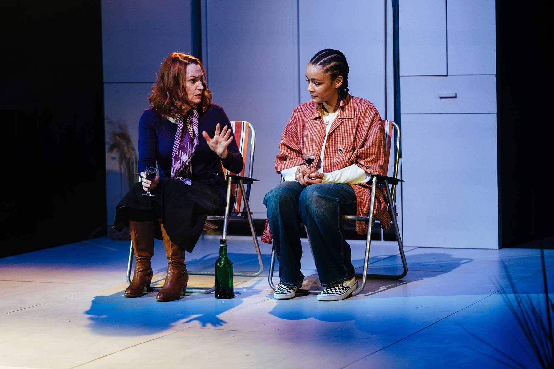 l-r Pooky Quesnel (Lorin) and Coral Wylie (Pip) in 'Lavender, Hyacinth, Violet, Yew' at Bush Theatre.  Photo credit Helen Murray.